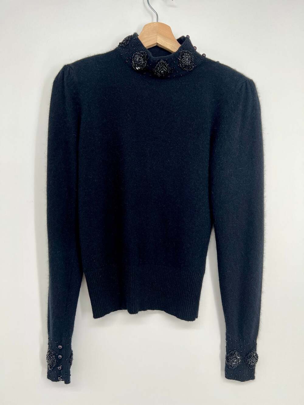 Vtg 90s Epitome Sweater Womens Small Black Beaded Lambswool Angora High Neck